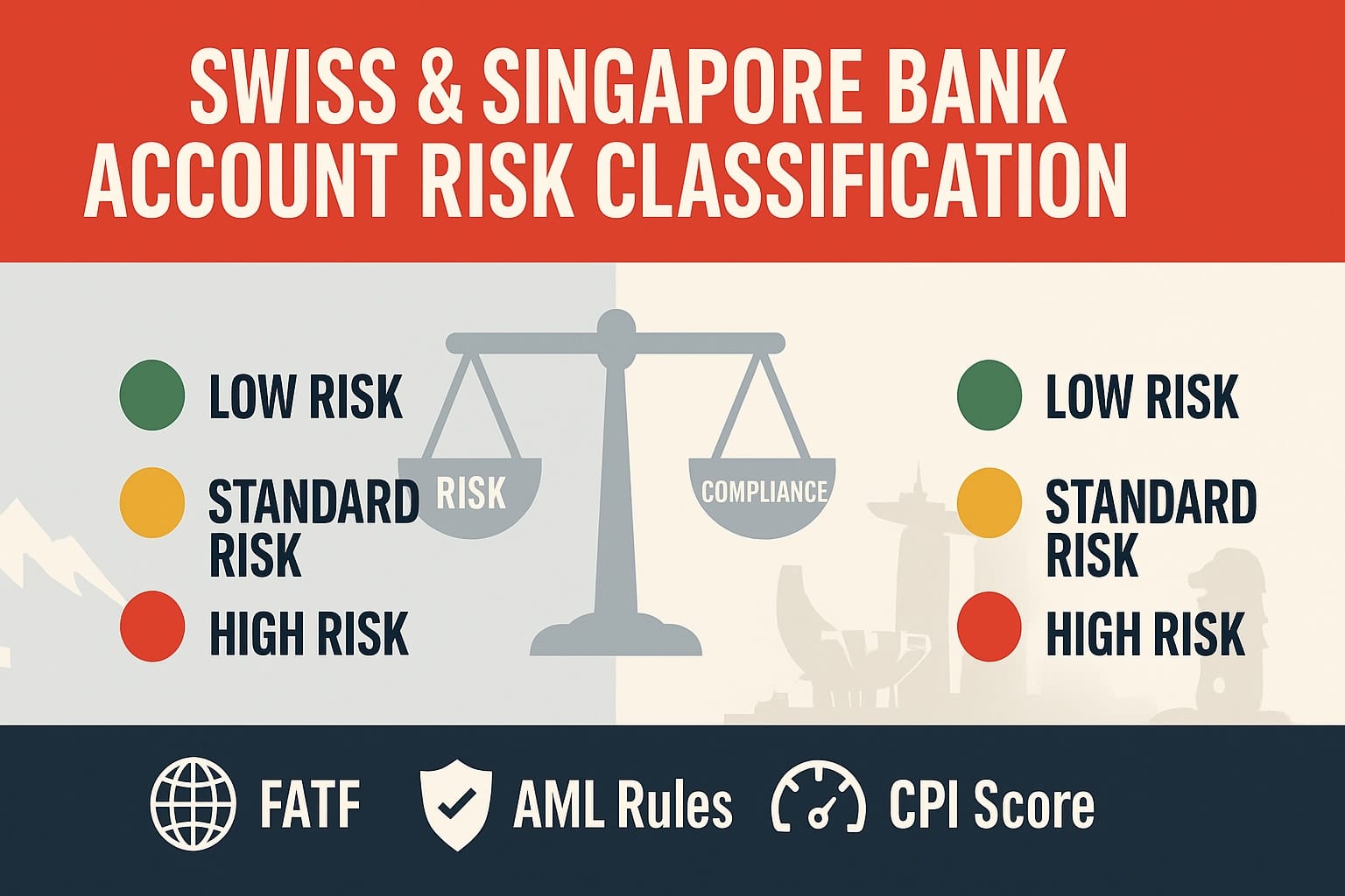 Wide infographic comparing Swiss and Singapore bank-account risk levels. Headline reads ‘Swiss & Singapore Bank Account Risk Classification’. Left half shows Swiss Alps outline with low-, standard-, and high-risk labels in green, amber, and red. Right half mirrors ladder against a Singapore skyline silhouette. A central balance scale illustrates risk versus compliance, and bottom icons depict FATF, AML rules, and CPI score.