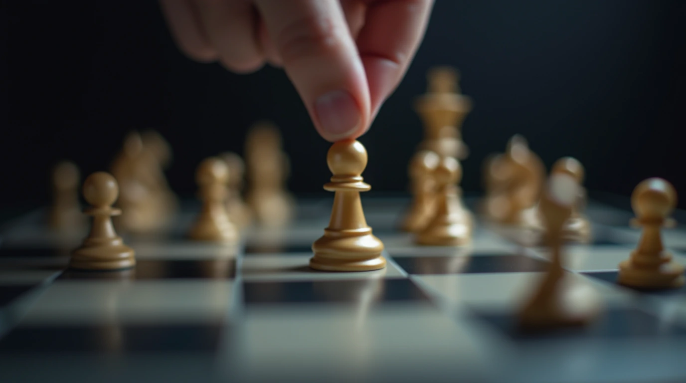 A hand makes a strategic chess move, symbolizing the major leadership shift of Gabriel Brenna to Raiffeisen