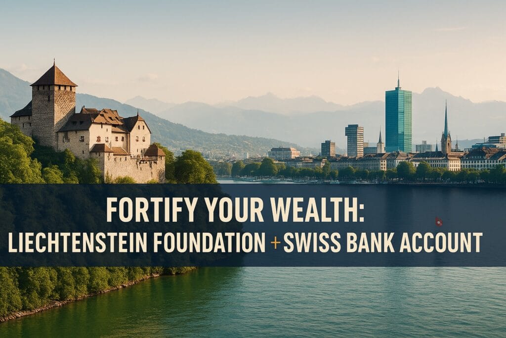 Vaduz Castle and Zürich skyline illustrating Liechtenstein foundation with Swiss bank account asset-protection strategy