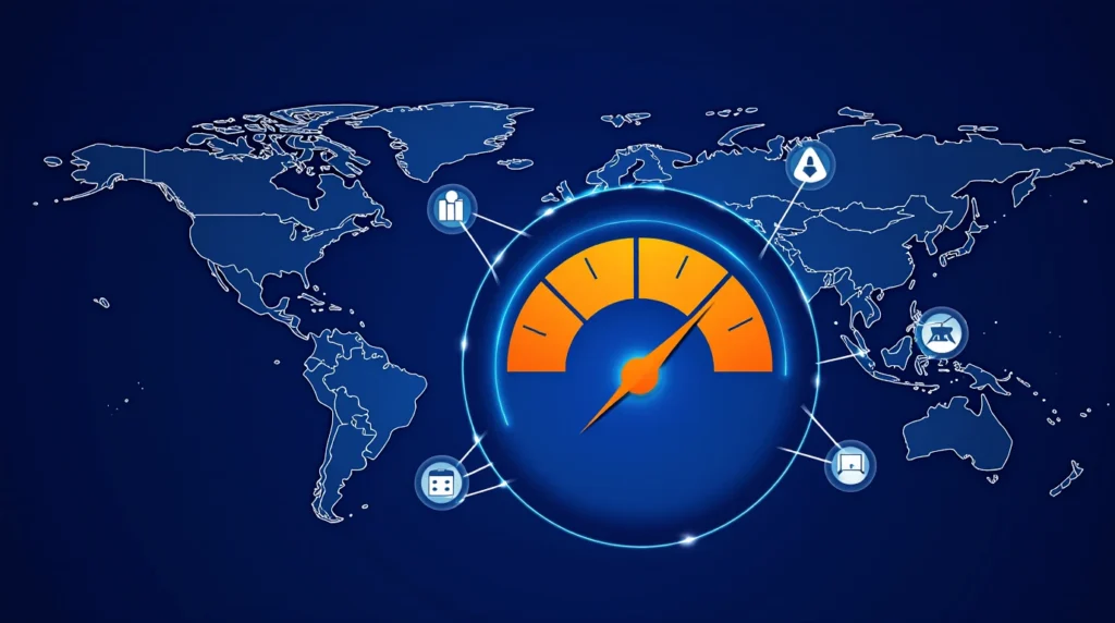 A professional dashboard graphic displaying an AML risk score gauge, with the needle in the orange "Medium Risk" section, illustrating client risk assessment.
