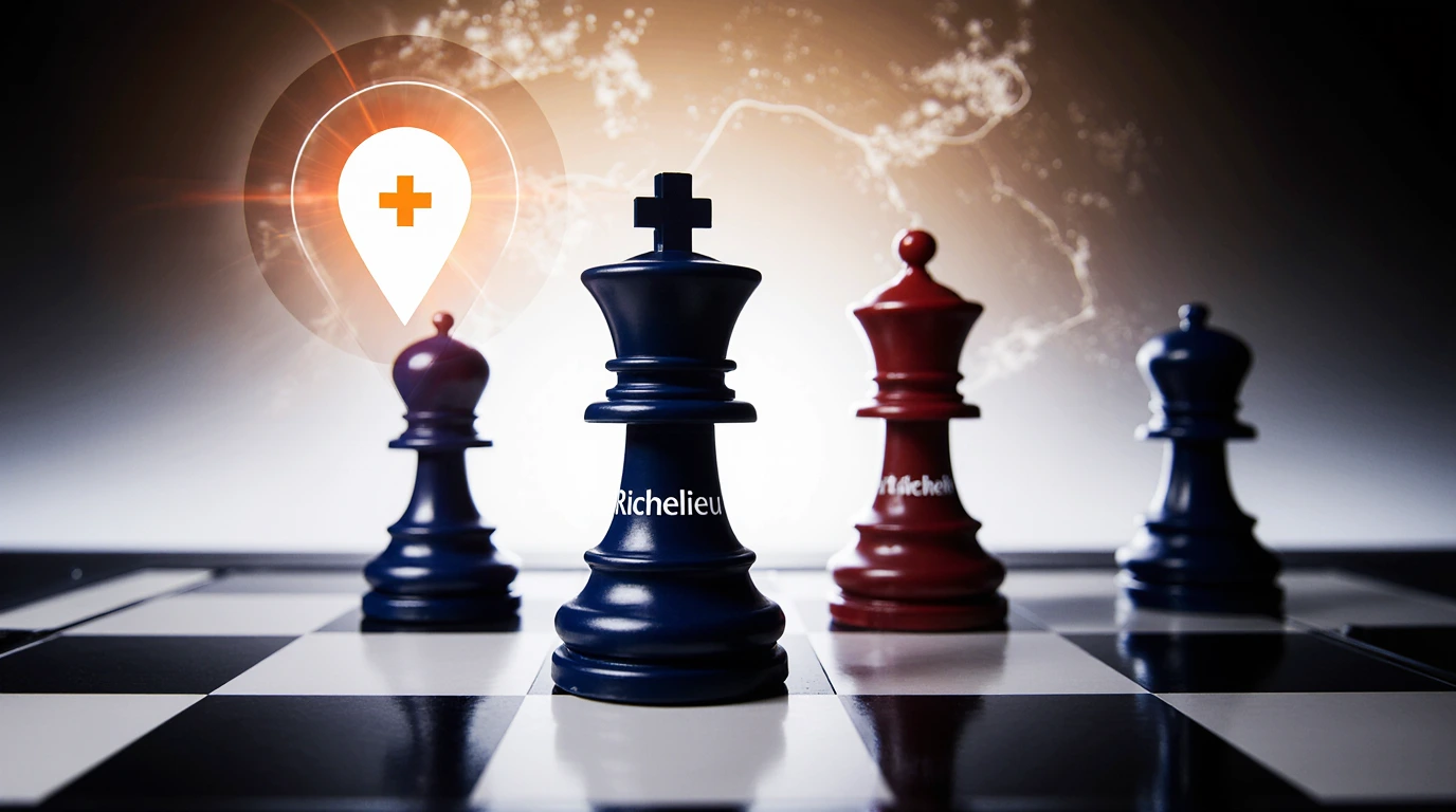 A symbolic image of the Swiss banking acquisition: a chess piece for Groupe Banque Richelieu strategically capturing a pawn representing Kaleido Privatbank on a board overlooking Switzerland.