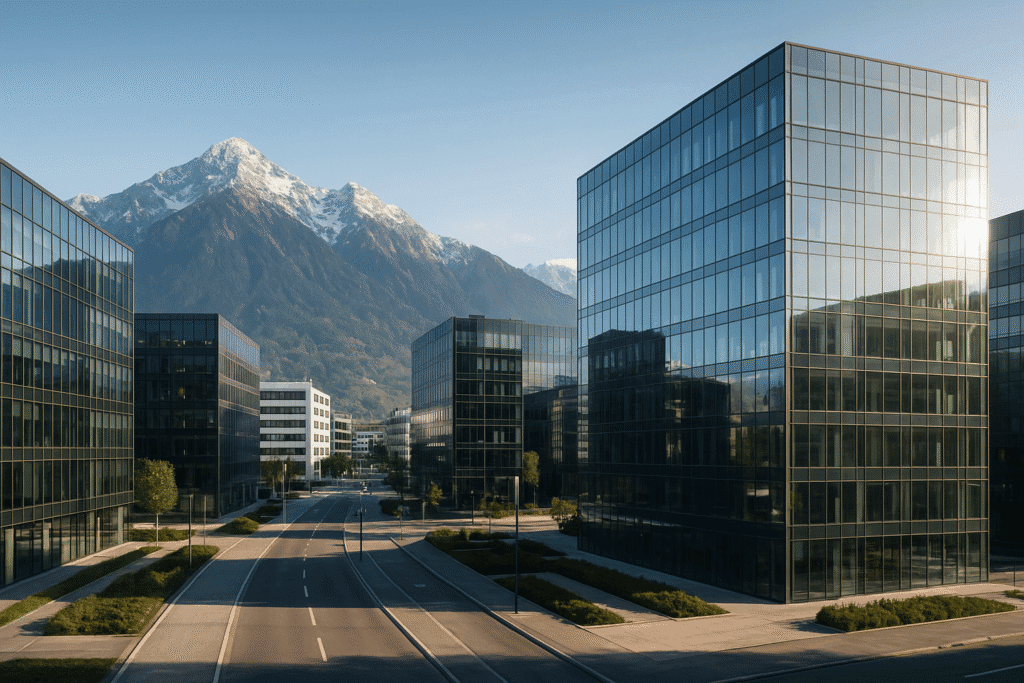 Liechtenstein banking district with modern financial buildings and Alpine mountain backdrop showcasing Sigma Bank AG headquarters location