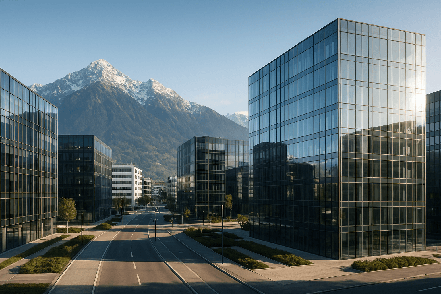 Liechtenstein banking district with modern financial buildings and Alpine mountain backdrop showcasing Sigma Bank AG headquarters location