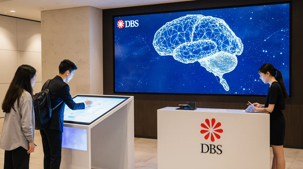 Singapore AI banking revolution with DBS AI-driven touchscreen kiosk in modern bank lobby