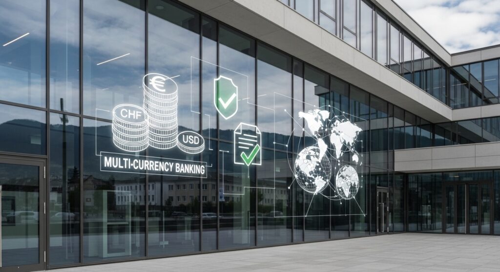 Modern Swiss corporate bank exterior with multi-currency and compliance icons, symbolizing Switzerland’s advanced business banking environment for international companies in 2025.