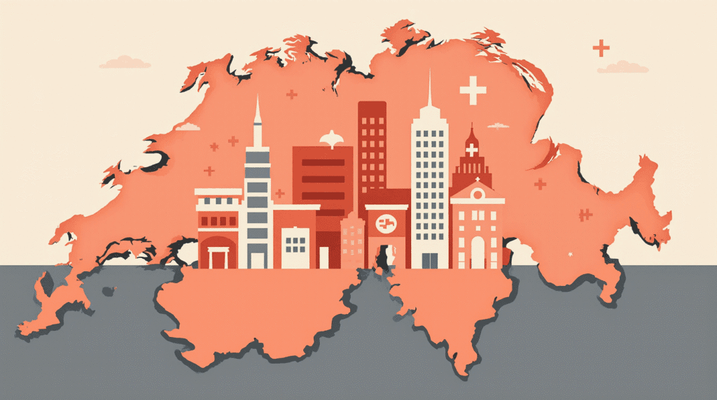 Decline of Swiss private banking consolidation shown by merging bank icons over Switzerland map