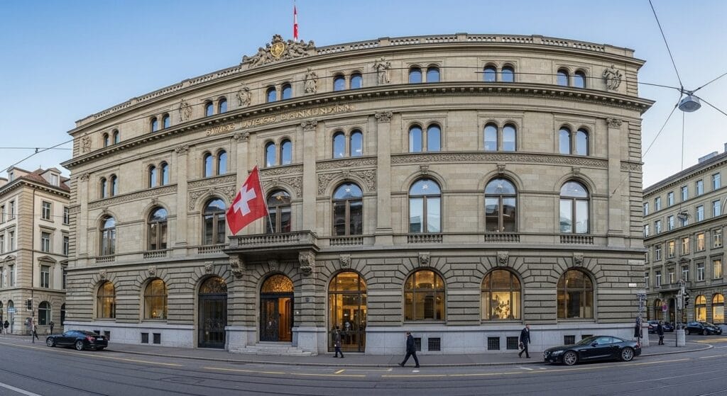 Swiss bank building in Zurich with the Swiss flag, symbolizing secure international banking and digital innovation
