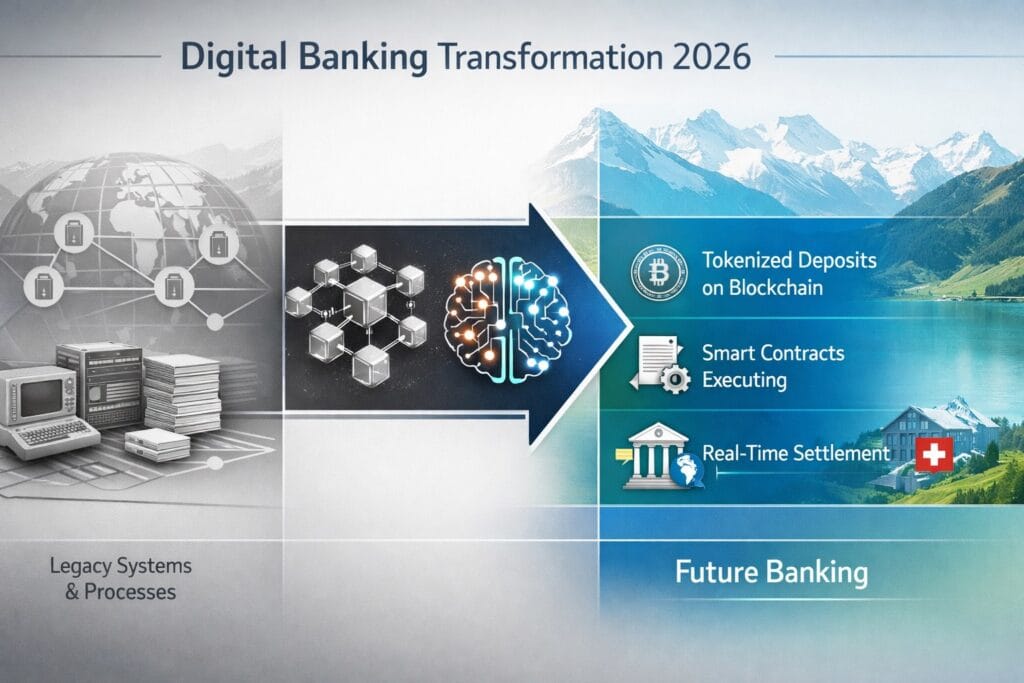 "Swiss banking digital transformation: Legacy infrastructure (batch processing, correspondent networks) transitioning to blockchain-based tokenized payments and real-time settlement infrastructure"