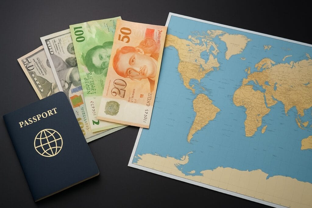 Passport, international currencies, and world map representing best countries to open offshore bank account in 2025.