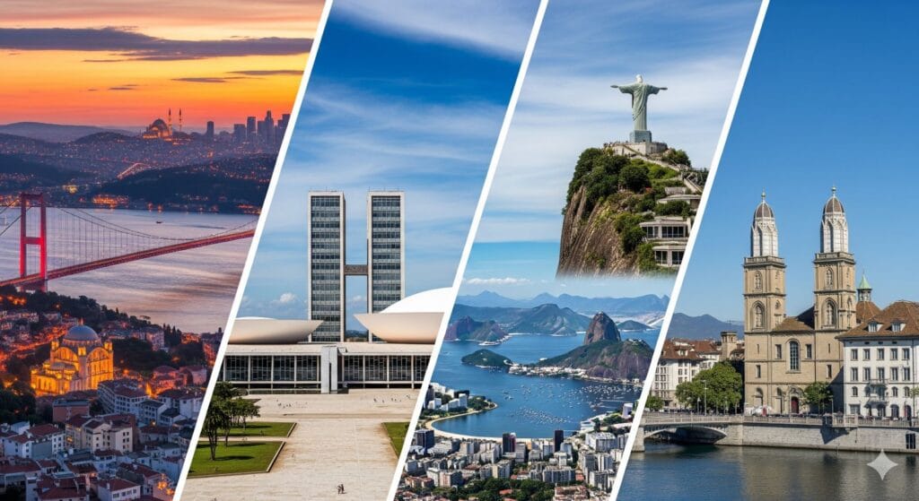 Collage of Istanbul, Brasília, Rio de Janeiro, and Zurich skylines showcasing major international financial centers representing top countries for highest global deposit interest rates 2025.