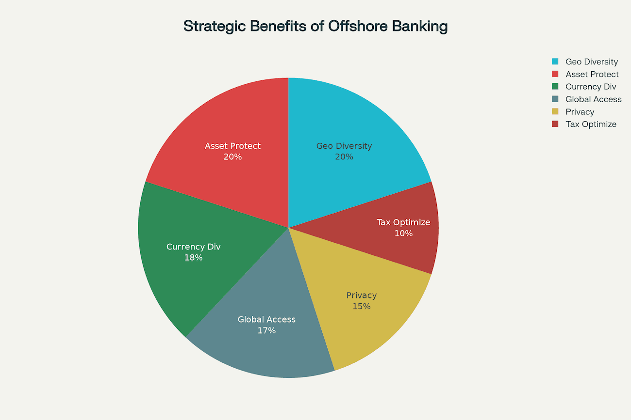 Pie chart illustrating the relative importance of six offshore banking benefits in 2025: geographic diversification (20%), asset protection (20%), currency diversification (18%), global market access (17%), enhanced privacy (15%), and tax optimization (10%)