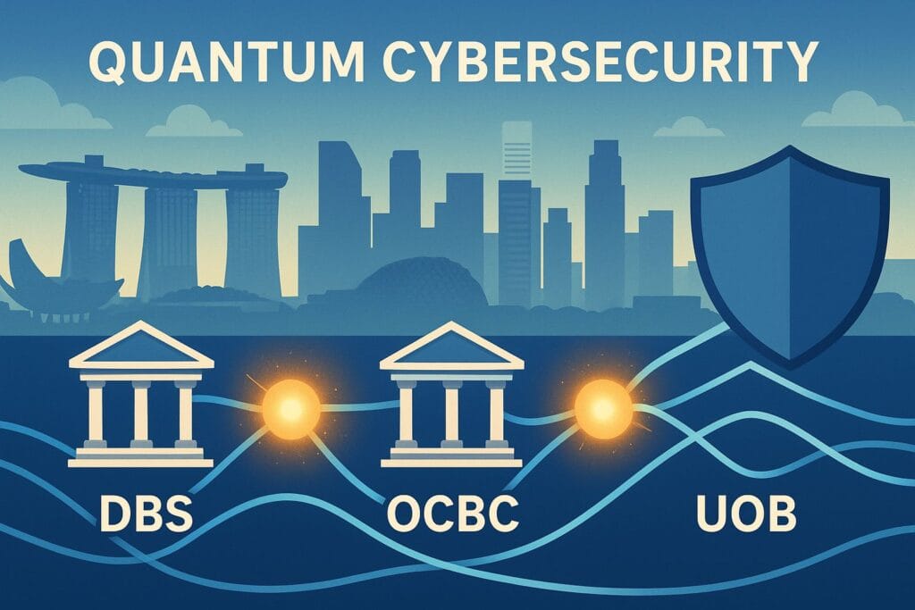 Infographic of Singapore skyline with fiber-optic cables transmitting quantum photons between DBS, OCBC, and UOB bank icons under a shield, illustrating MAS QKD trials for quantum banking security