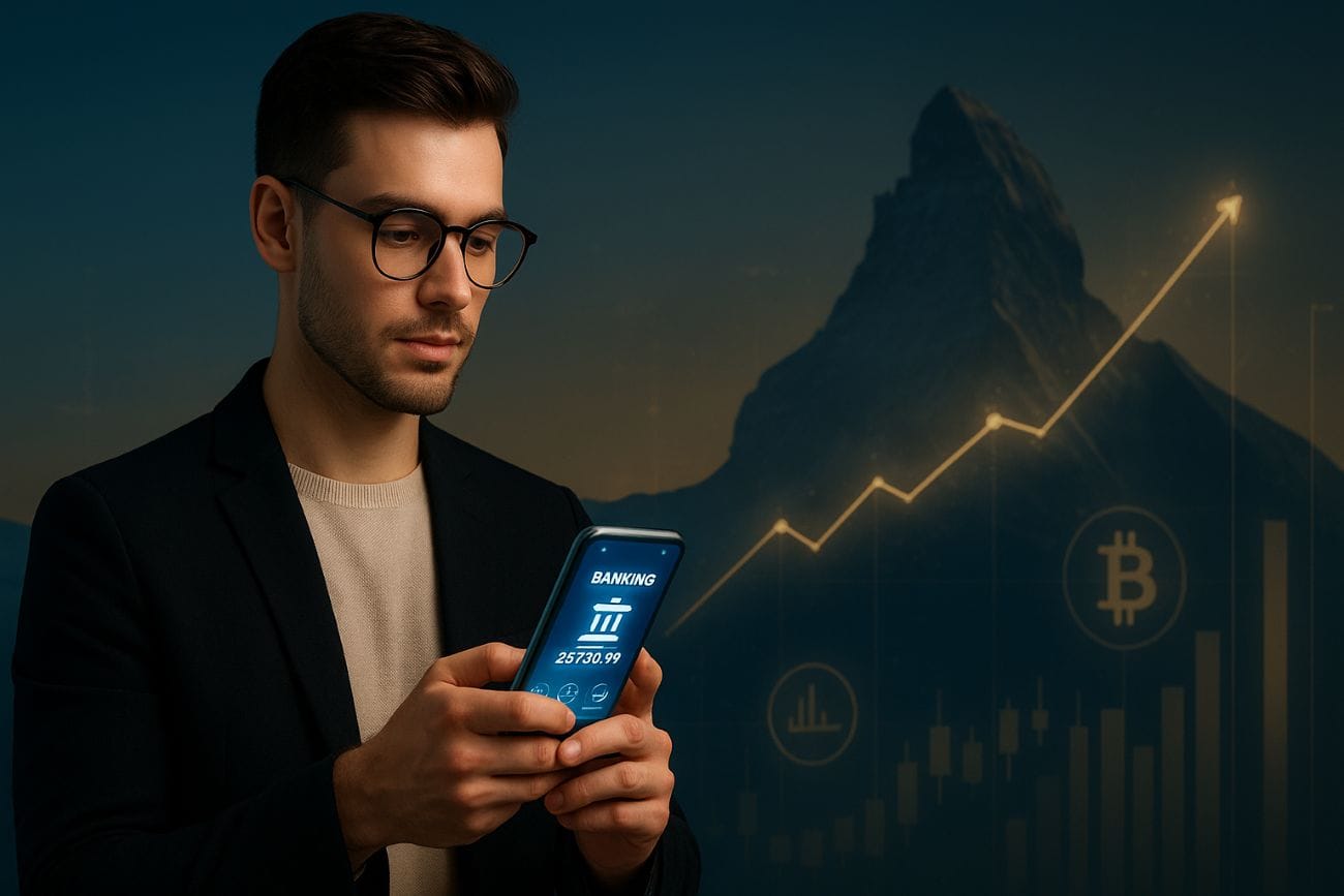 Young Gen Z millionaire using a digital banking app with Swiss Alps in the background, symbolizing the future of Swiss private banking and wealth transfer.