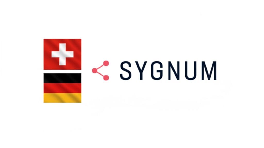 Sygnum Bank logo with Swiss and German flags, representing cross-border institutional crypto banking expansion in Europe.