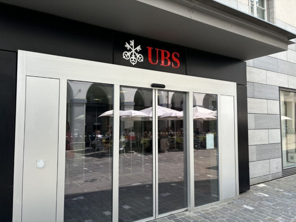 Modern UBS Switzerland branch exterior for clients who want to open a Swiss bank account as non-resident