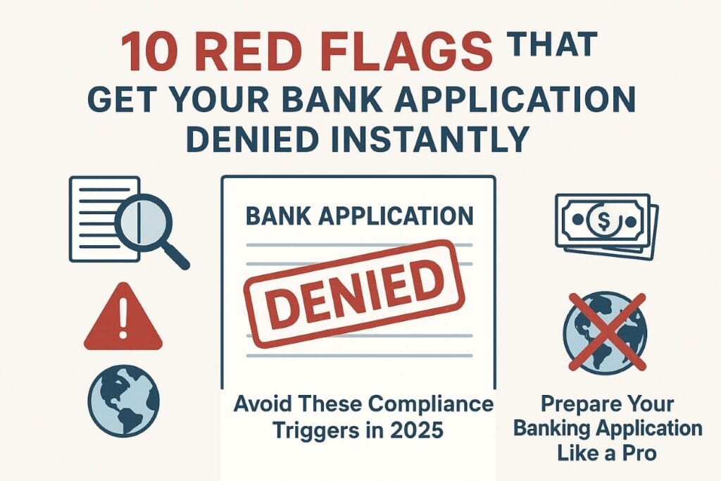Infographic titled '10 Red Flags That Get Your Bank Application Denied Instantly' showing key compliance warning signs for bank applications in 2025