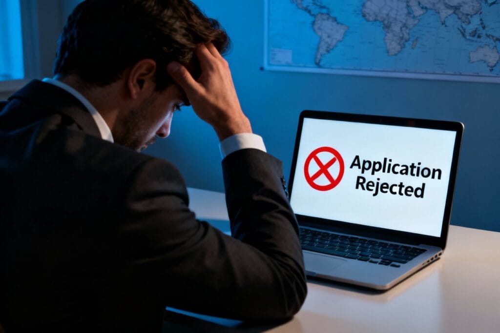 Professional reviewing rejected banking application on laptop with world map, representing FATCA banking challenges faced by Accidental Americans worldwide