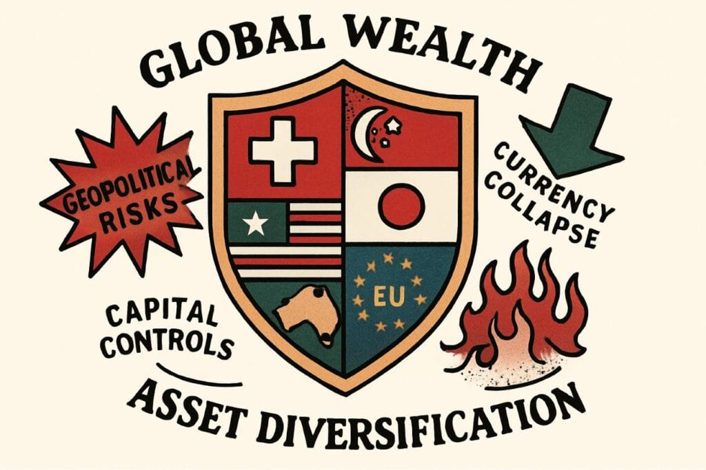 Illustration showing global wealth protection through asset diversification across multiple countries. Shield divided into sections representing Switzerland, Singapore, USA, EU, Japan, and Australia. External threats including geopolitical risks, currency collapse, and capital controls surround the protected shield while diversified assets remain secure.