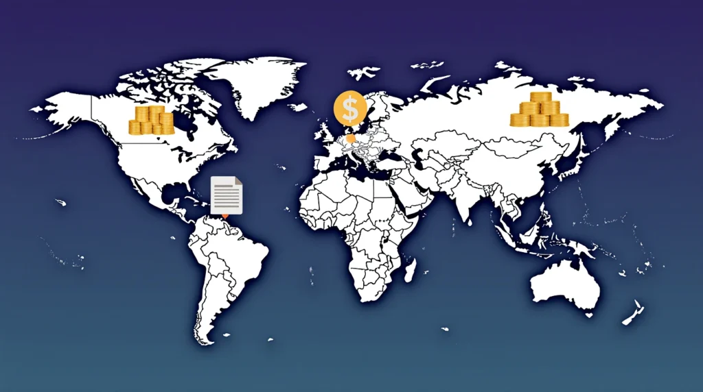 A world map showing diversified assets—gold, stocks, real estate, and bonds—illustrating asset diversification and why money isn’t safe in just one country.