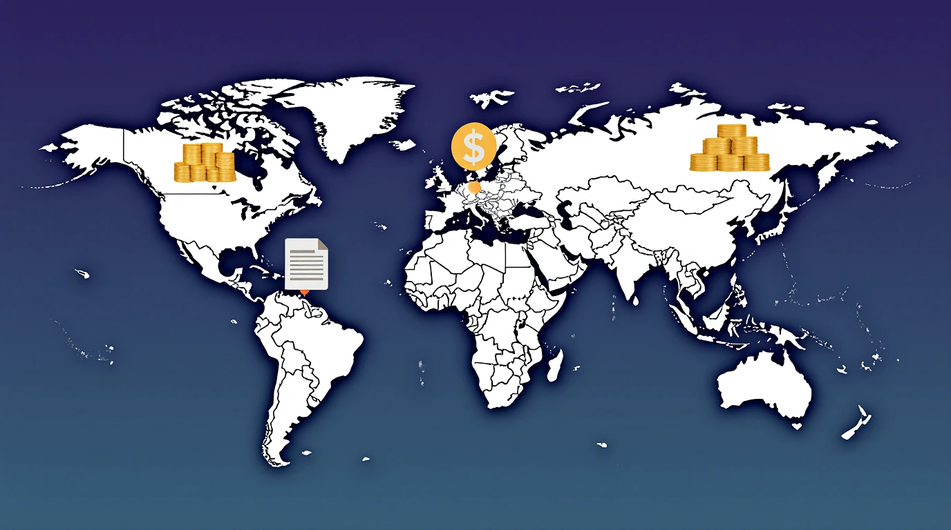 A world map showing diversified assets—gold, stocks, real estate, and bonds—illustrating asset diversification and why money isn’t safe in just one country.
