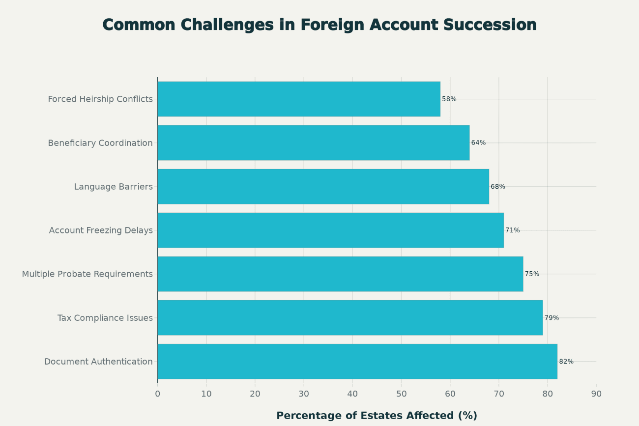 Bar chart comparing prevalence of seven inheritance succession challenges affecting international bank accounts. Document authentication (82%) and tax compliance (79%) are most prevalent, while forced heirship conflicts (58%) affect fewer estates. Data represents percentage of estates experiencing each issue.