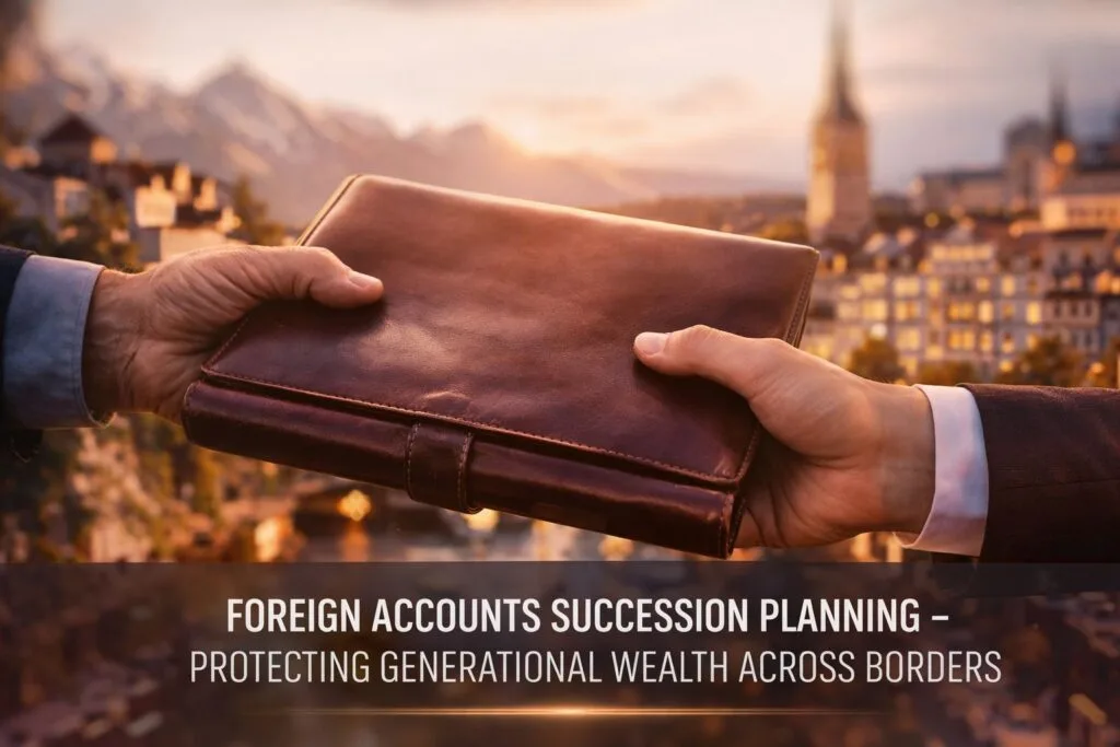 Two generations exchanging a document folder against a European banking cityscape, representing cross-border succession planning for foreign bank accounts