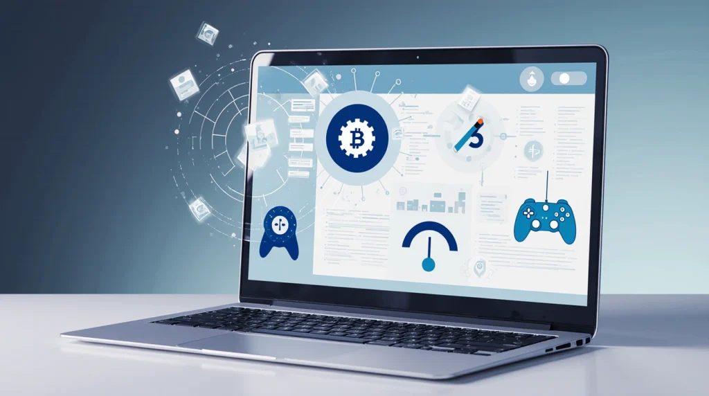 A fintech dashboard with crypto and gaming icons illustrating how high-risk industries can get banked in 2025 and meet compliance requirements.