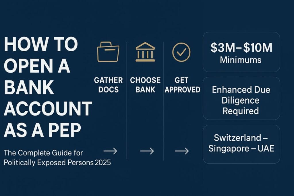 Infographic showing how to open bank account as PEP with three steps: gather documentation, choose appropriate bank, and get approval with minimum deposits ranging from $3 million to $10 million
