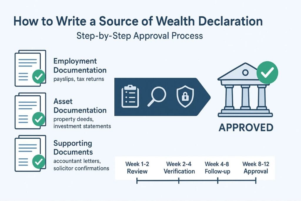 How to write a source of wealth declaration that gets bank approval - complete documentation requirements, verification checklist, and compliance steps for international banking