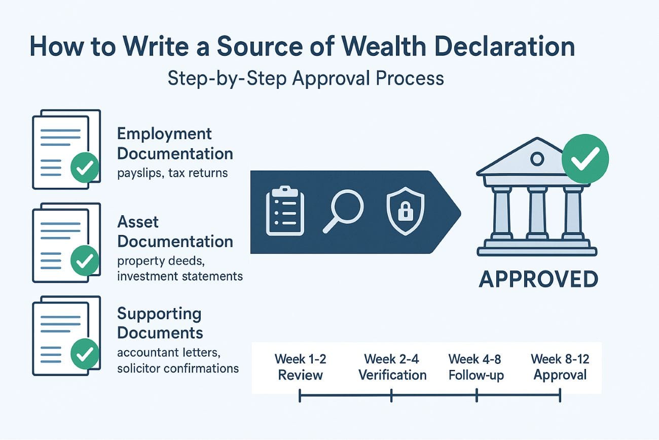How to write a source of wealth declaration that gets bank approval - complete documentation requirements, verification checklist, and compliance steps for international banking