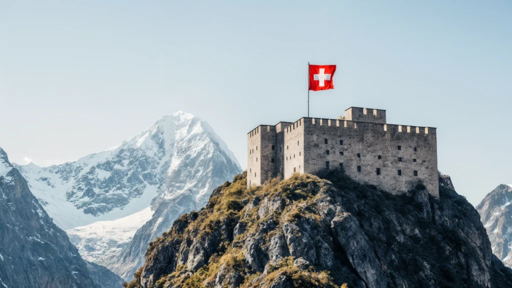 Swiss mountain fortress with flag representing Swiss bank account for asset protection as ultimate financial fortress for Baltic investors