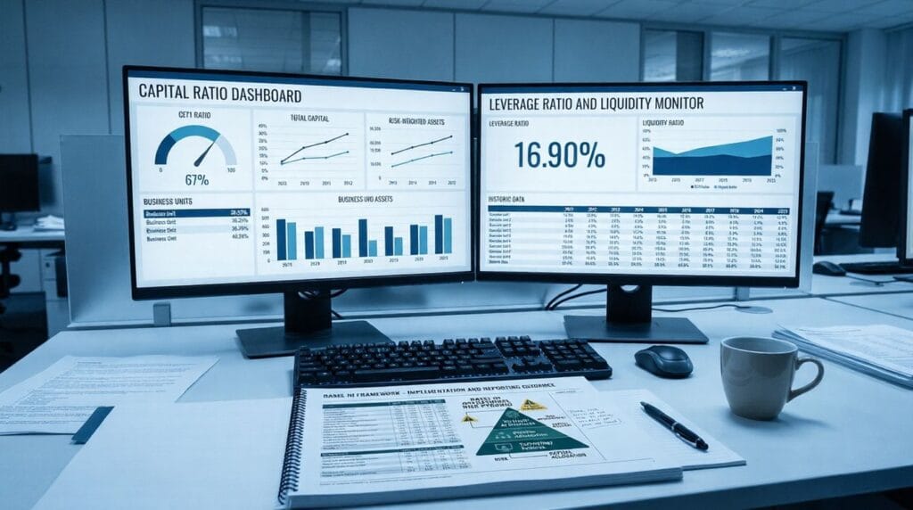 Analyst reviewing CET1 and LCR ratios to evaluate bank safety metrics