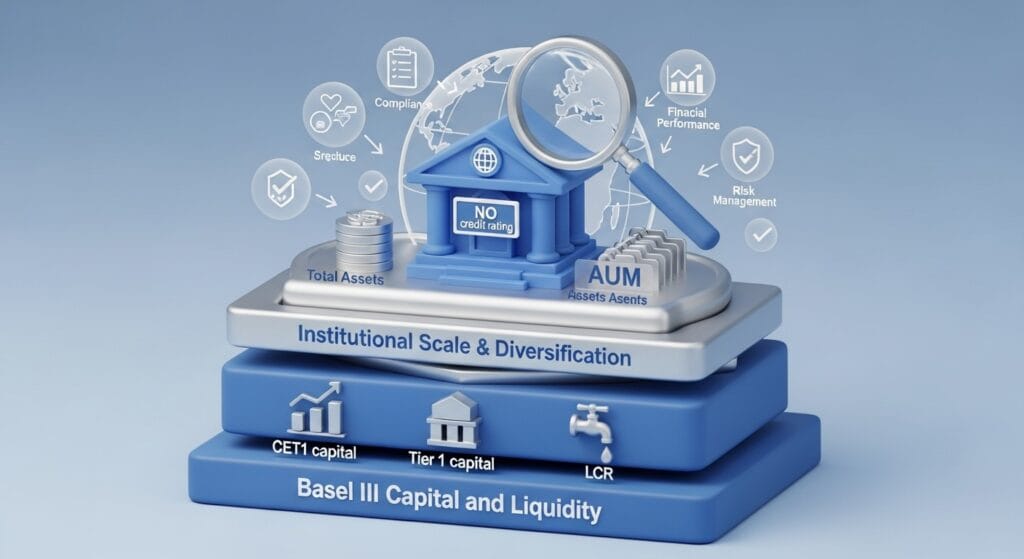 Infographic visual framework: how to evaluate bank safety without credit rating using Basel III metrics, capital, liquidity, total assets, and AUM.