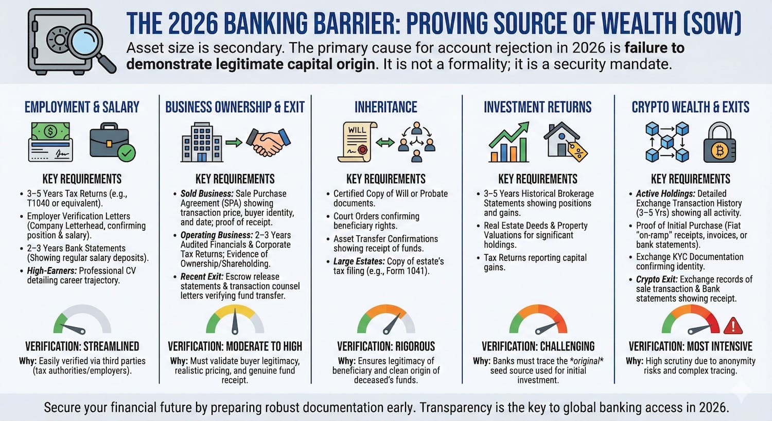 Infographic titled "The 2026 Banking Barrier: Proving Source of Wealth (SOW)". It details five paths for verifying funds for banking compliance: 1. Employment & Salary (streamlined scrutiny), 2. Business Ownership & Exit (moderate scrutiny), 3. Inheritance (rigorous scrutiny), 4. Investment Returns (challenging scrutiny requiring original source tracing), and 5. Crypto Wealth & Exits (most intensive scrutiny requiring detailed transaction history and initial purchase proof). The background is pure white with blue headers.
