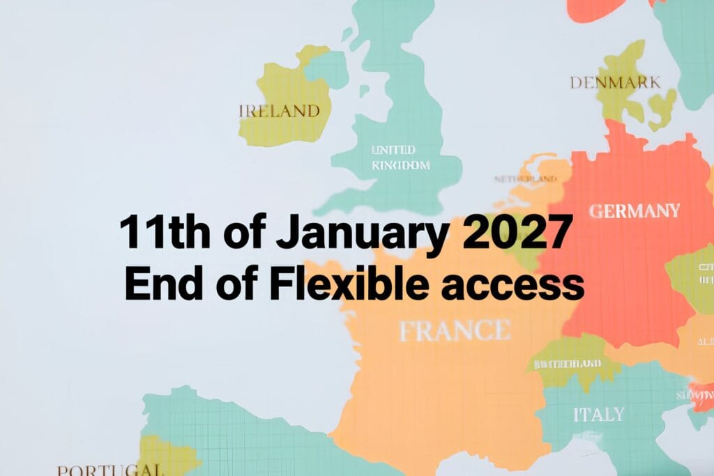 Infographic divided diagonally illustrating the impact of CRD VI regulations on financial access to the EU. The top-left blue section, labeled "BEFORE: Flexible Cross-Border Flows," shows unimpeded arrows flowing from Switzerland to various European cities. The bottom-right dark section, labeled "AFTER: CRD VI Branch Requirement & Restricted Access," shows an orange protective grid over Europe; arrows are shown being blocked or funneled through a single fortified gateway structure. Prominent center text reads: "11 JAN 2027" and "CRD VI: The End of Flexible Access