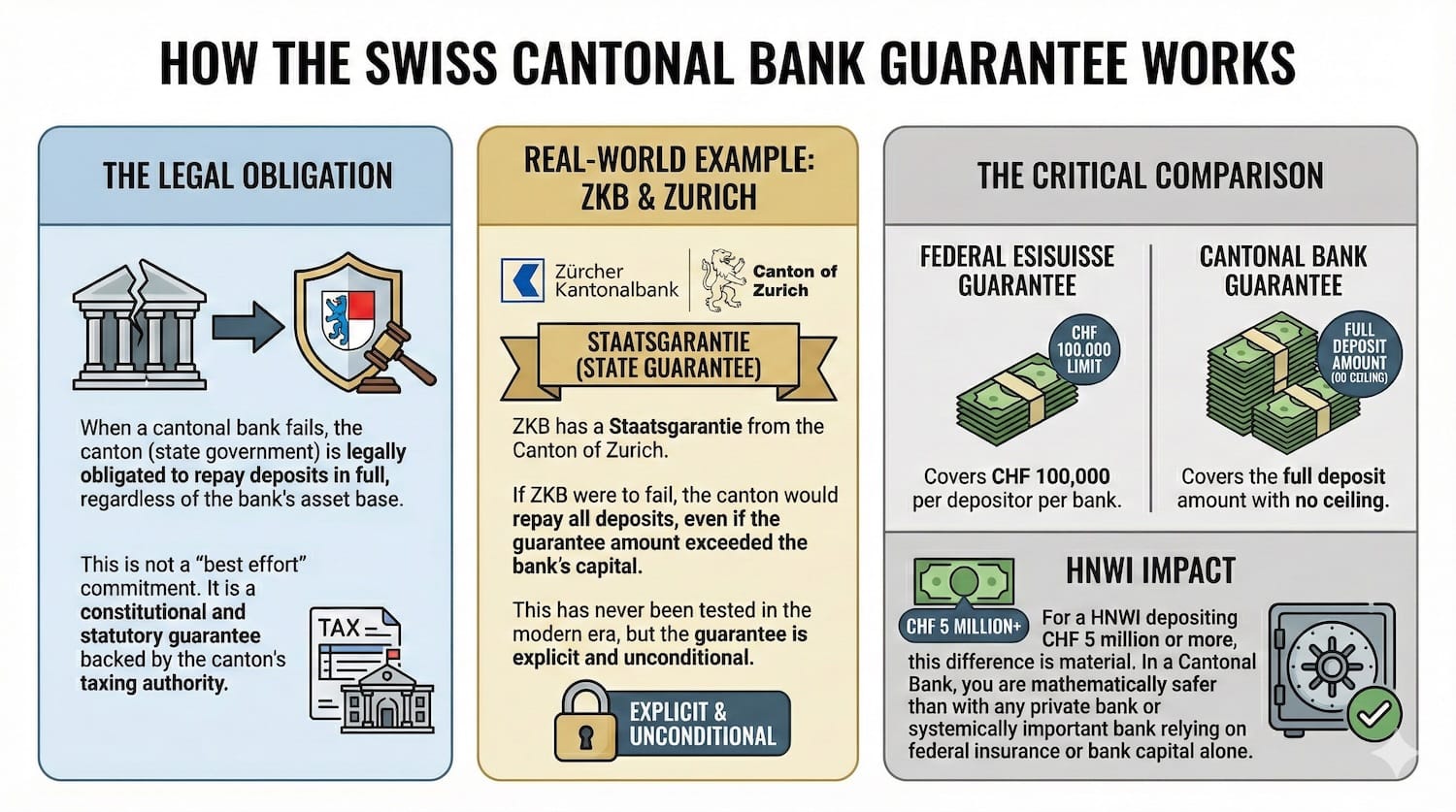 Infographic explaining the Swiss Cantonal Bank Guarantee. It details the state's legal obligation for full deposit repayment, uses ZKB as an example, and compares unlimited state backing to the limited federal Esisuisse insurance for high-net-worth individuals.