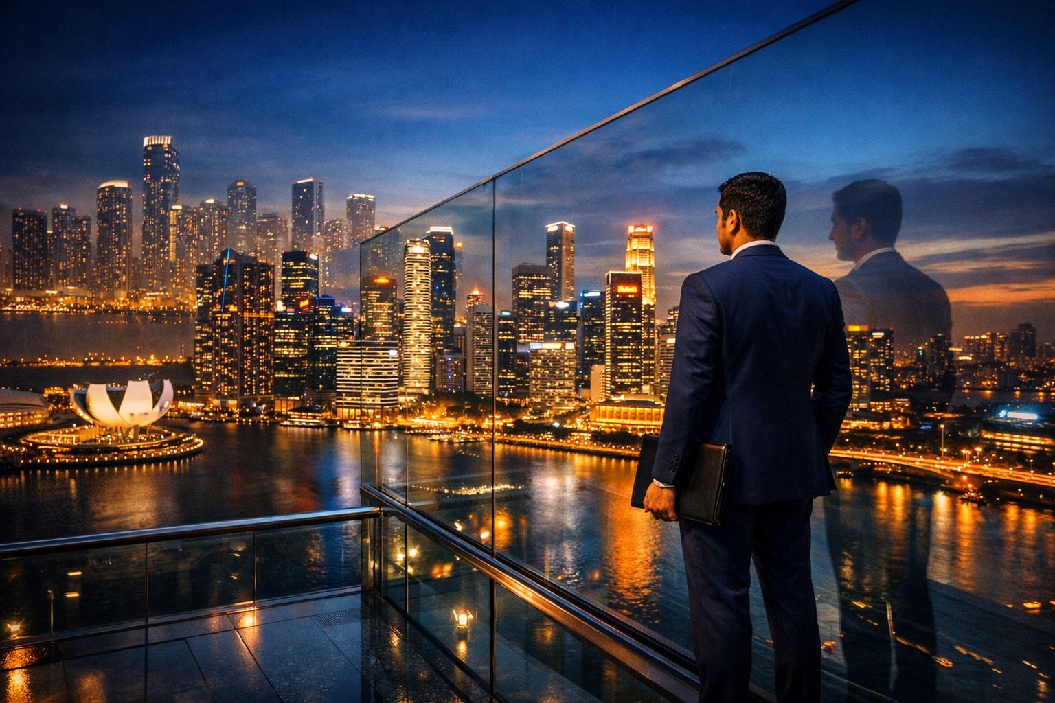 Latin American investor overlooking Singapore skyline at dusk symbolizing singapore banking for latin americans and global wealth migration strategy
