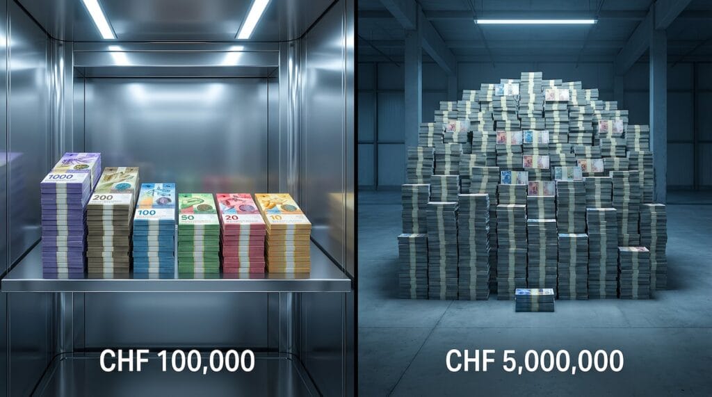 Split-screen professional financial photography showing CHF 100,000 in organized Swiss bank vault stacks appearing tiny compared to a much larger CHF 5,000,000 stack, illustrating inadequate deposit insurance coverage for high-net-worth individuals