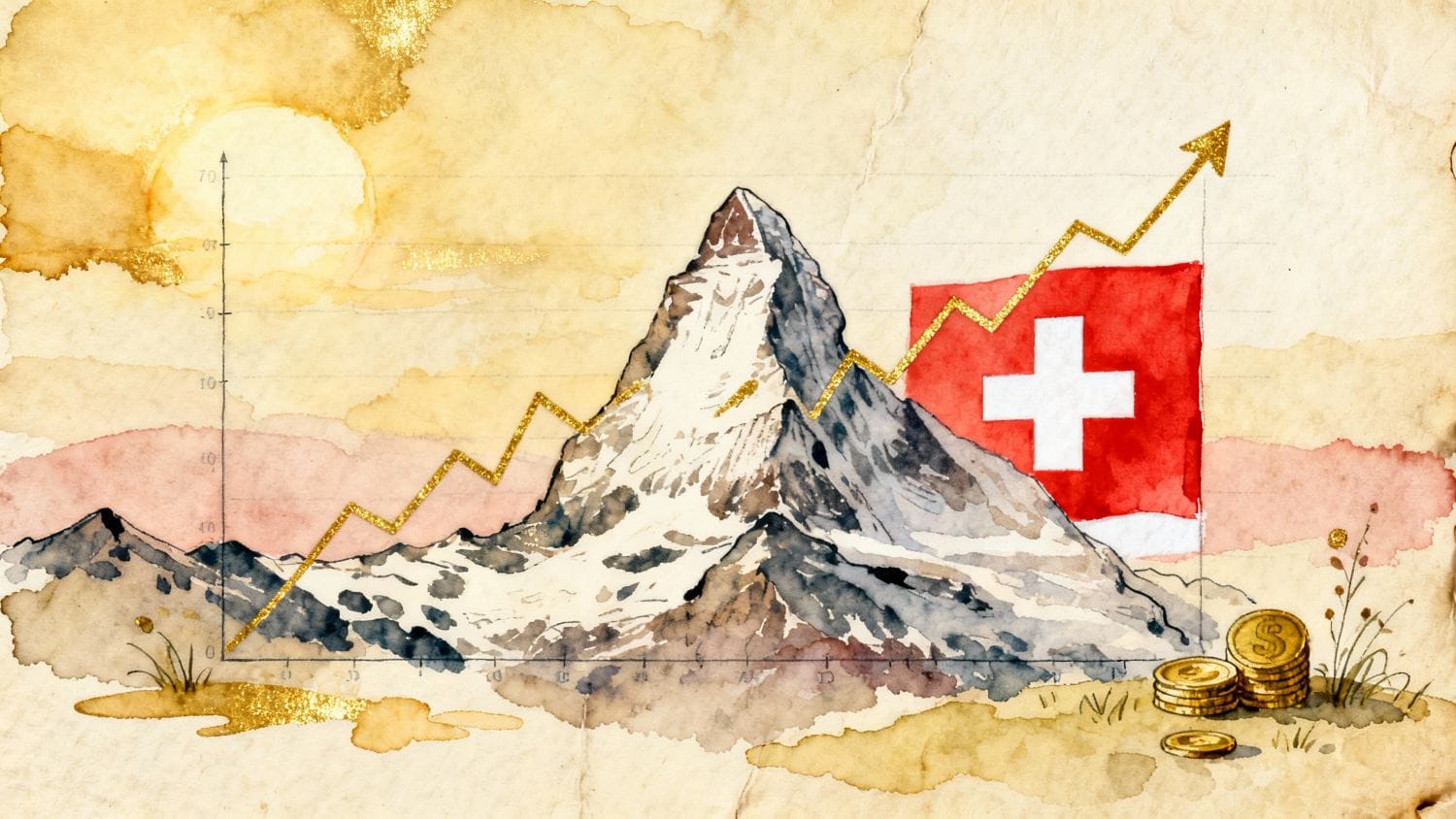 Swiss Alps with upward stock market trend line showing 10-year growth 2016-2026 performance