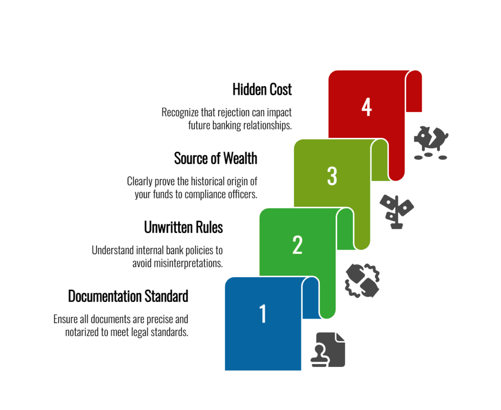 Infographic explaining why private bank account applications fail: documentation standards, unwritten rules, source of wealth checks, and compliance risk