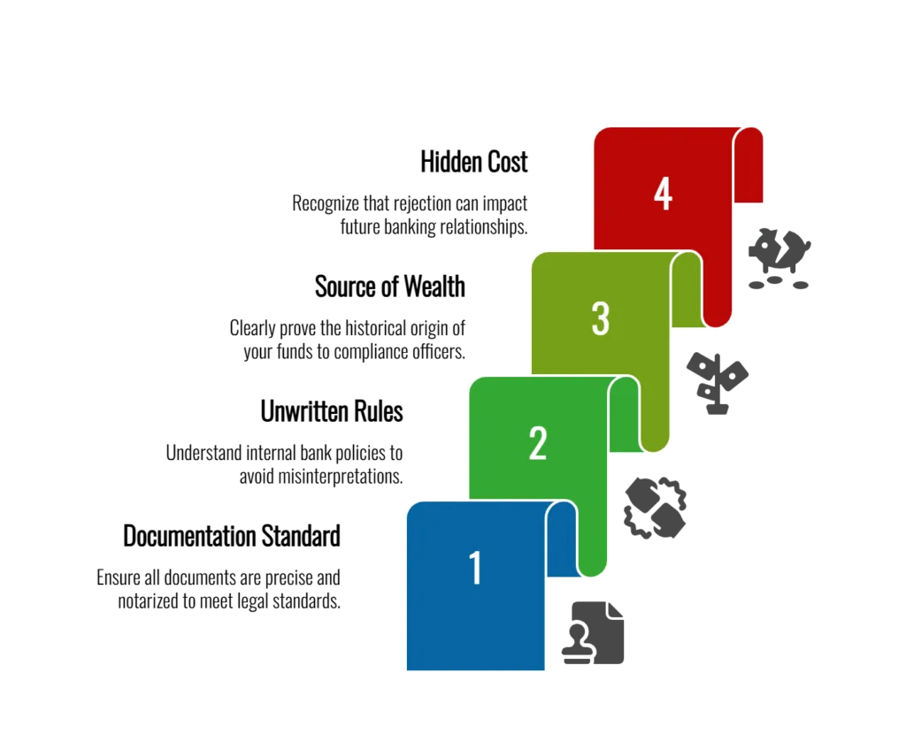 Infographic explaining why private bank account applications fail: documentation standards, unwritten rules, source of wealth checks, and compliance risk