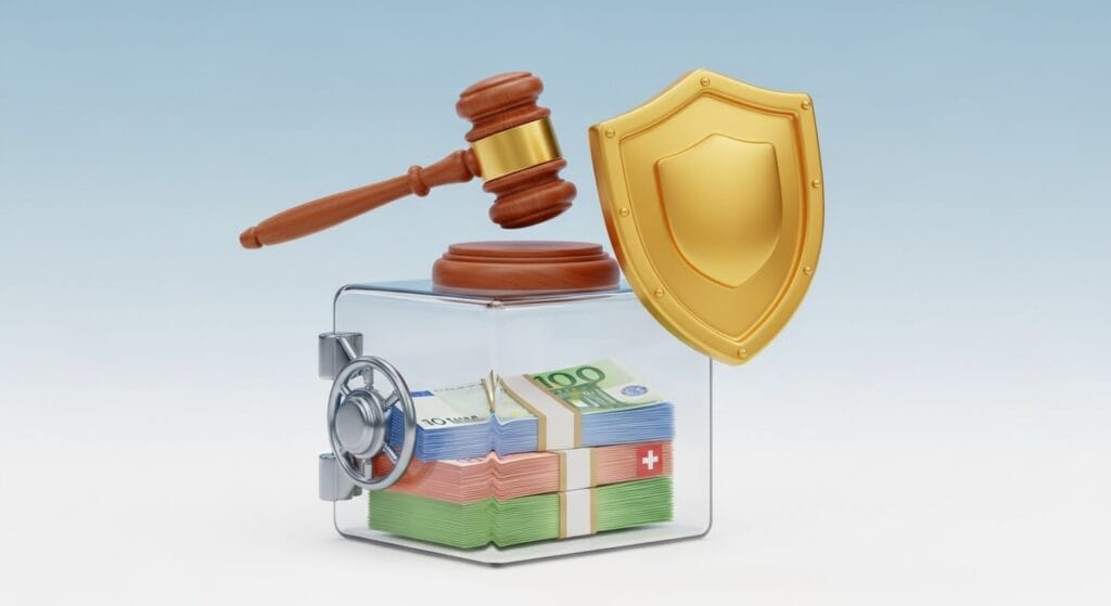 Swiss bank building with protective layers of sovereign bonds and gold storage shields against financial crisis background