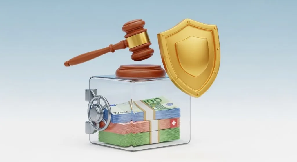 Swiss bank building with protective layers of sovereign bonds and gold storage shields against financial crisis background