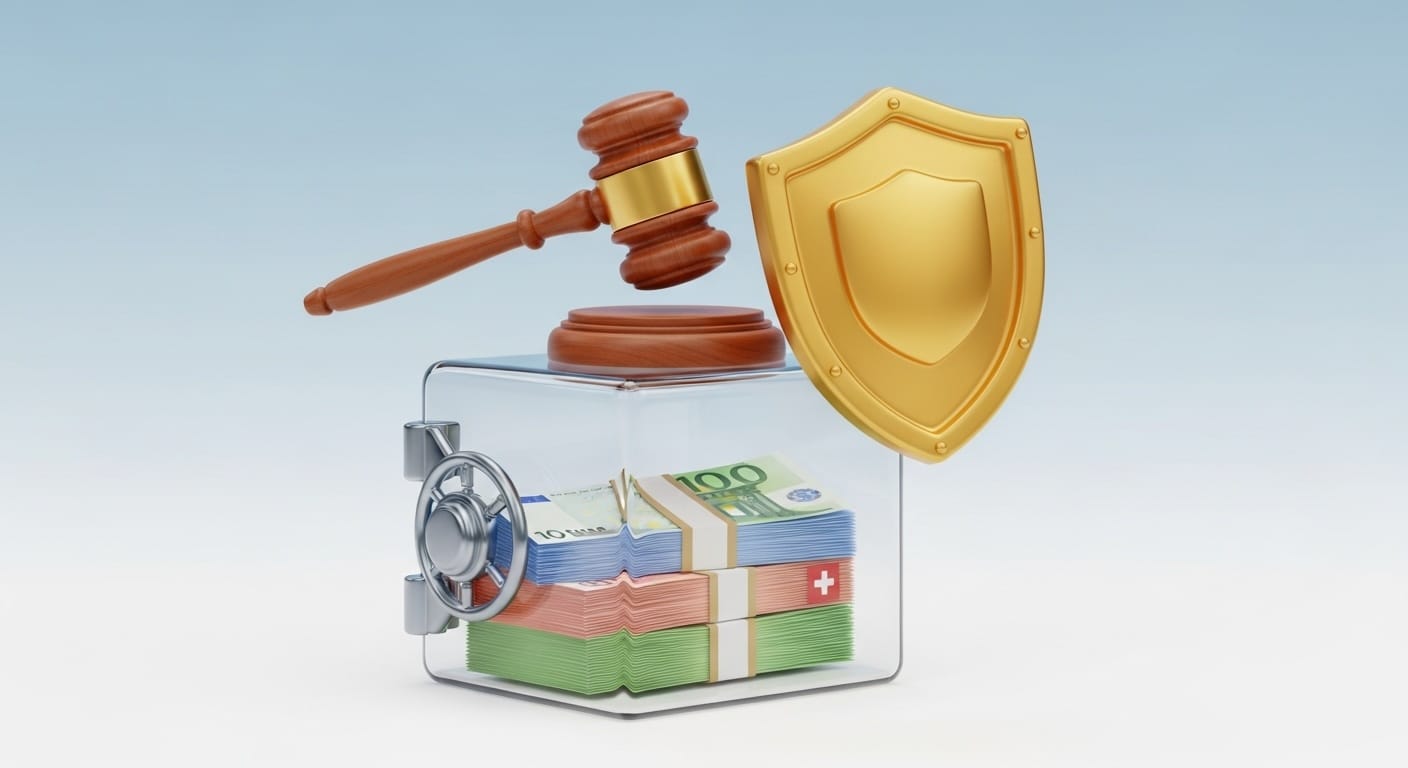 Swiss bank building with protective layers of sovereign bonds and gold storage shields against financial crisis background