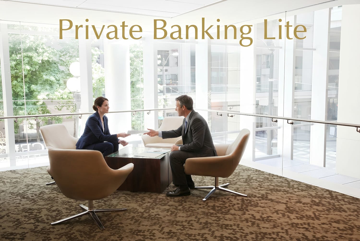 Private Banking Lite: Hybrid wealth model with robo-advisor and human tax advisor for $500K–$5M nomads. Multi-currency support (CHF, EUR, GBP, USD). Professional fintech design, 2026.