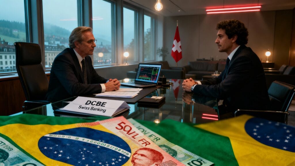 Swiss private banking advisor meeting with Brazilian client to discuss DCBE reporting, tax compliance, and wealth management strategy. Modern Zurich banking office with financial documents and Swiss francs visible on desk.