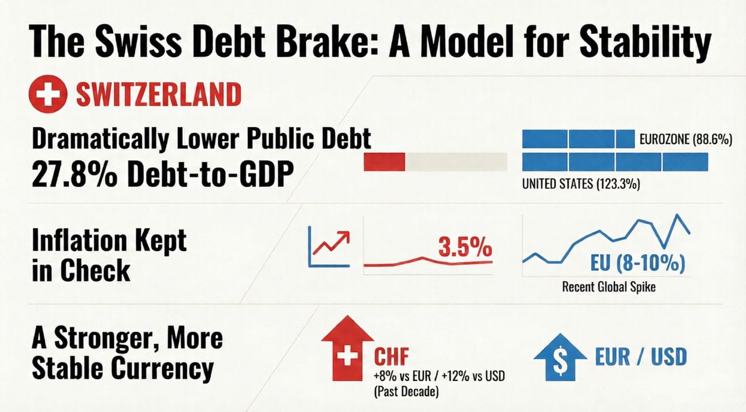 Bar chart comparing debt-to-GDP ratios: Switzerland 27.8%, Eurozone 88.6%, United States 123.3% as of 2025