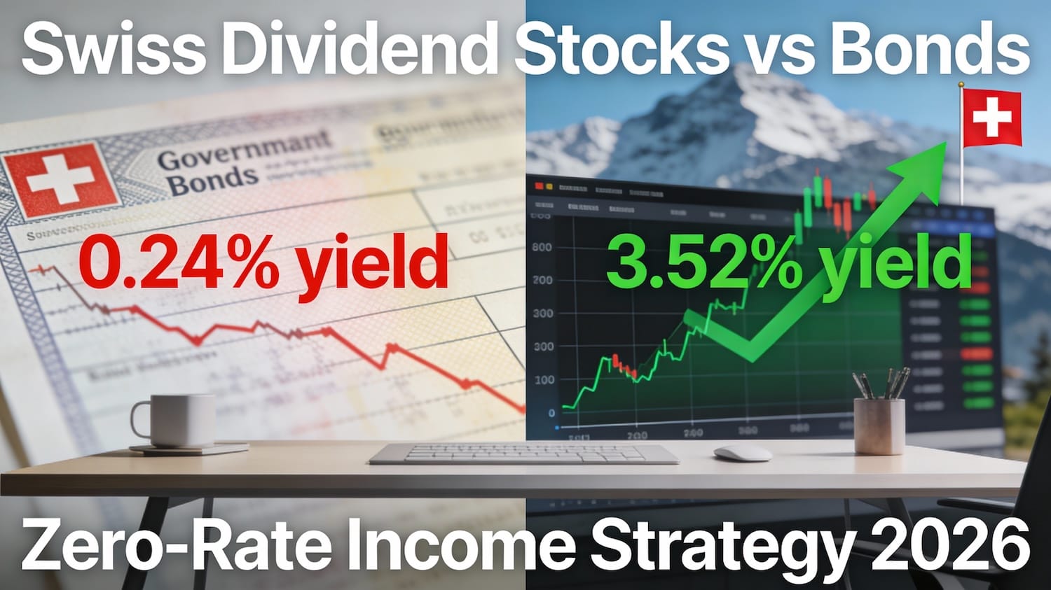 Swiss dividend stocks 3.52% yield comparison versus government bonds 0.24% yield in zero interest rate environment
