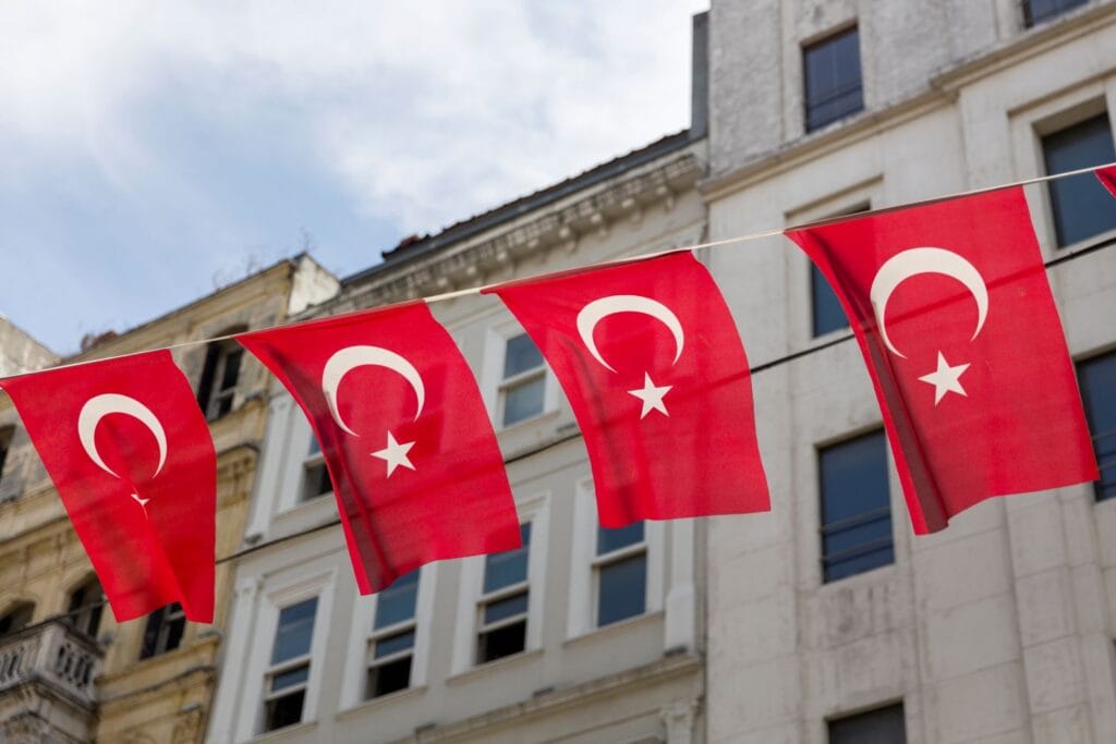 Open a Swiss bank account from Turkey concept with Turkish flags in Istanbul street