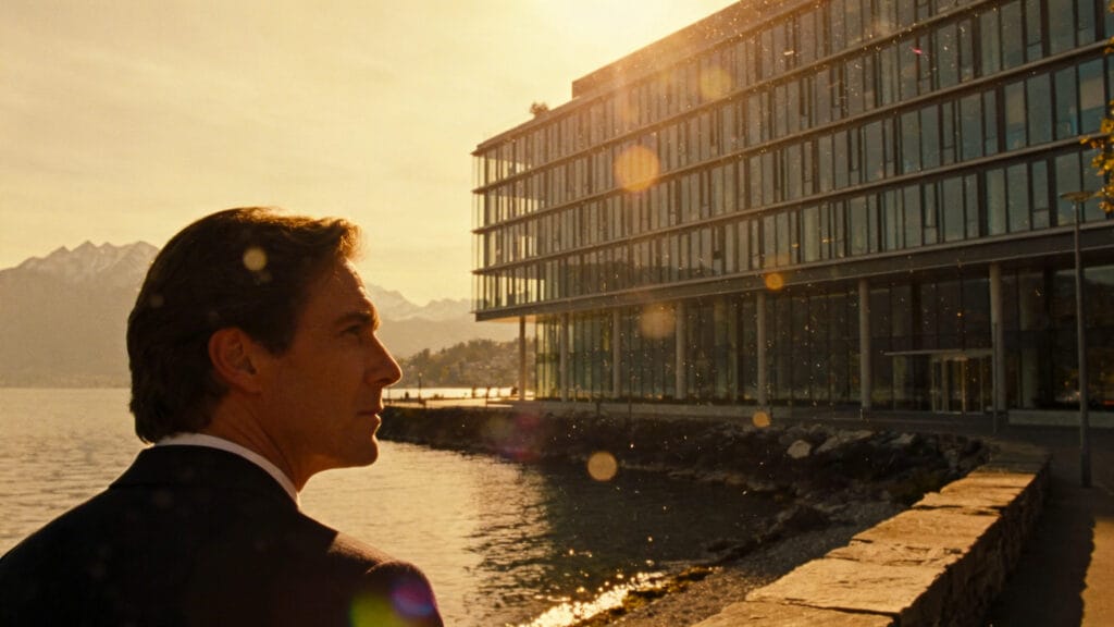 Lombard Odier 2025 results overview with modern Geneva headquarters-style building by Lake Geneva